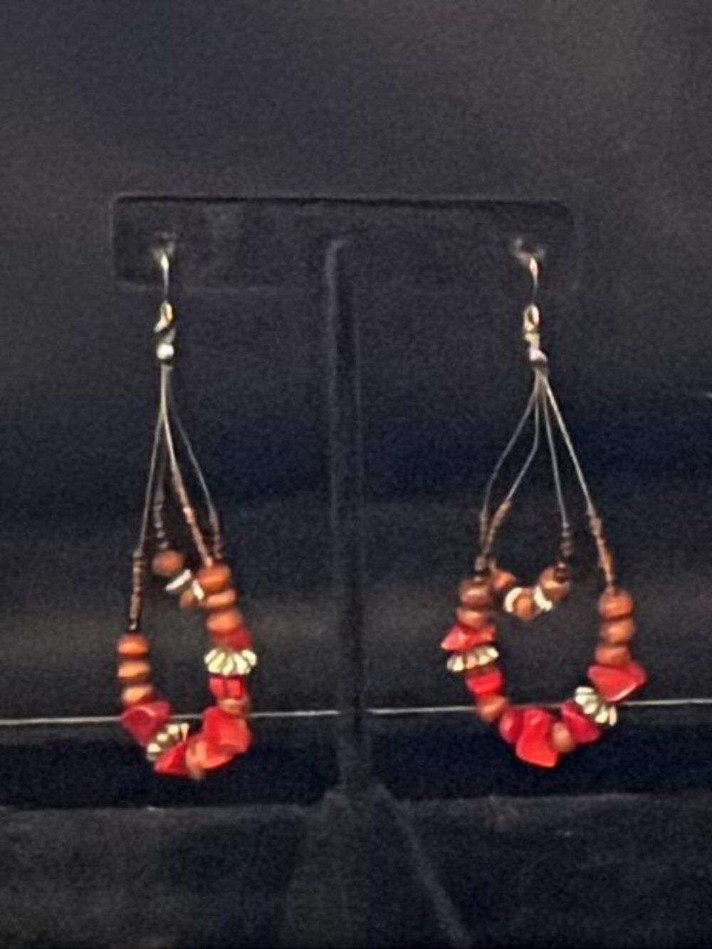 2 Teardrop Wires with Red, Brown and Silver Tone Bead Earrings